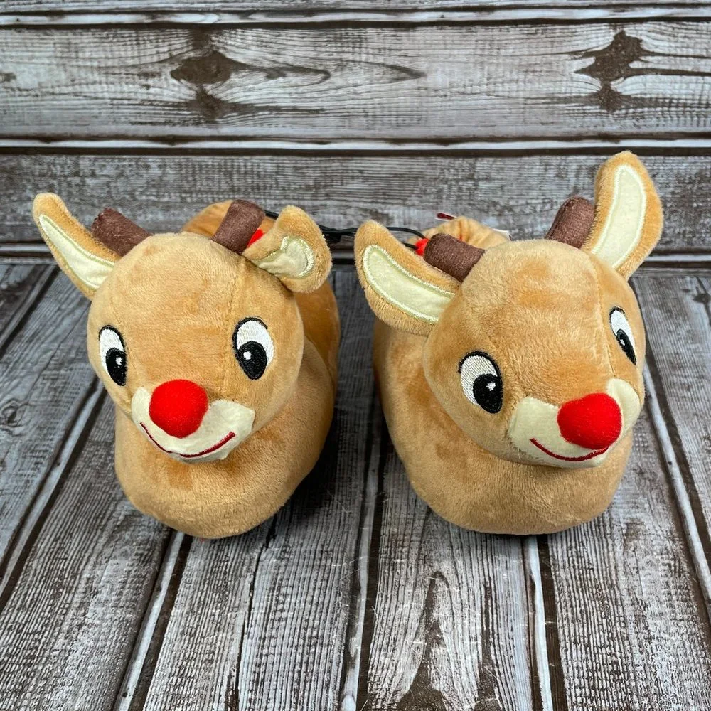 RUDOLPH THE RED NOSED REINDEER Kids Youth Unisex 5-6 Brown 3D SLIPPER NWT NEW